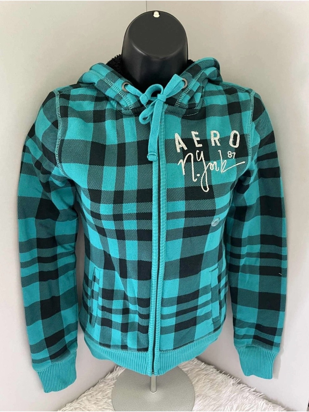 NWT Y2K AEROPOSTALE Full Zip Hoodie Logo (Teal/Plaid) Junior/Women (Size XS)